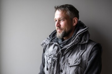 Obraz premium tender man in his 40s dressed in a thermal insulation vest isolated in empty modern loft background
