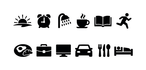 Minimal black pictogram set showing daily routine activities including sunrise, alarm, shower, coffee, reading, running, meals, work, travel, dining, and sleep