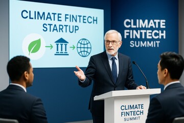 Business leader presenting at Climate Fintech Summit with startup concept visuals on screen in modern conference room background during event. Ai generative