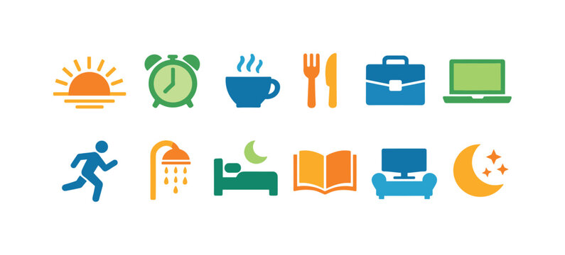 Colorful daily routine icon set showing sunrise alarm breakfast work laptop exercise shower sleep reading television and nighttime rest symbols