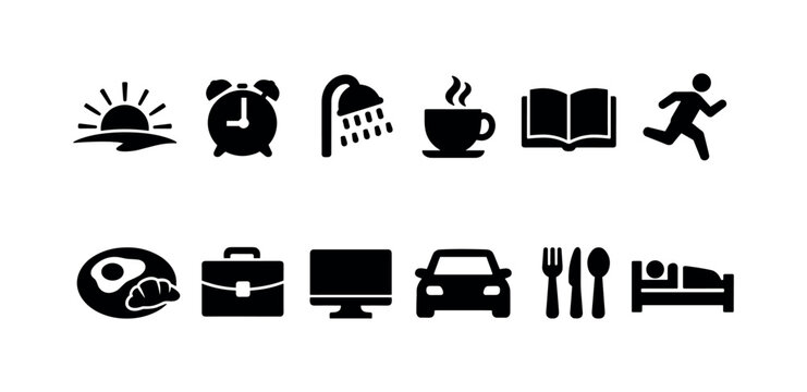 Minimal black pictogram set showing daily routine activities including sunrise, alarm, shower, coffee, reading, running, meals, work, travel, dining, and sleep