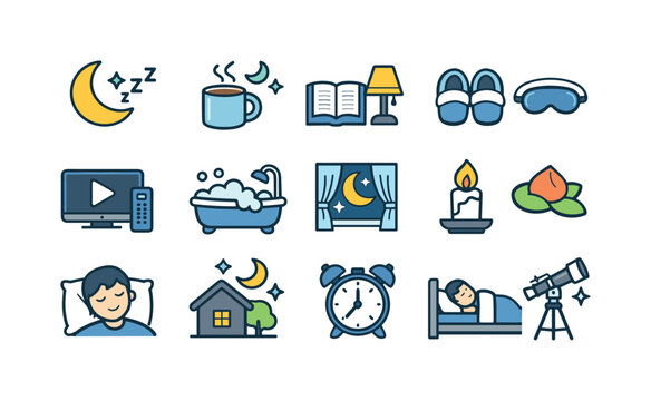 Set of bedtime and night routine icons featuring moon, sleeping person, alarm clock, cozy home, book, warm drink, bath, candle, slippers, and stargazing