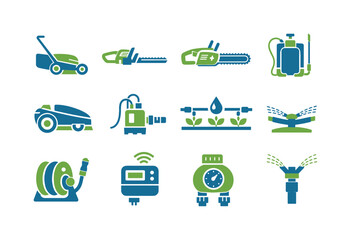 Set of flat garden equipment icons featuring lawn mower, chainsaw, backpack sprayer, hose reel, irrigation timer, sprinkler and drip line tools © Alex