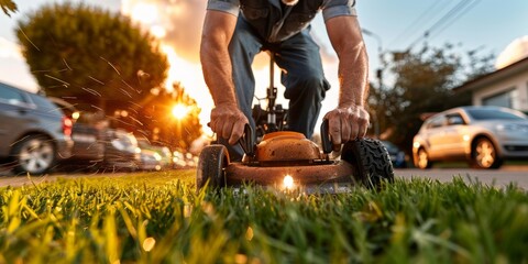 Gardener cutting grass with lawnmower at sunset in suburban neighborhood