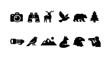 Obraz premium Set of outdoor adventure silhouettes including camera, binoculars, deer, bird, bear, pine tree, lens, mountains, fox, eagle, and photographer