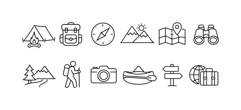 Minimal line icon set for outdoor travel and adventure, featuring camping tent, backpack, compass, mountains, map, binoculars, hiking and camera
