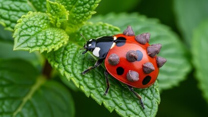 Fototapeta premium Red ladybug on green leaf