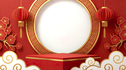 3D Chinese New Year papercut red background. Golden circular frame, lantern and fan decor. Plum blossoms and layered clouds. Festive podium scene with copy space for text.