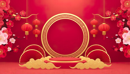 3D Chinese New Year papercut red background. Golden circular frame, lantern and fan decor. Plum blossoms and layered clouds. Festive podium scene with copy space for text.