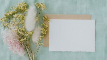 Elegant wedding card mockup featuring a blank card, earthy envelope, and beautiful floral arrangement on a soft background ready for celebration invitations