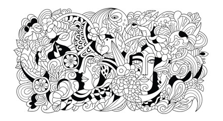 Fototapeta premium Complex black and white line art doodle features abstract human faces, flowers, leaves, and various detailed organic shapes.