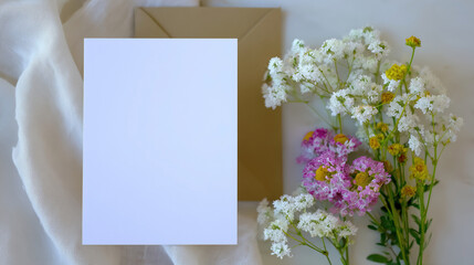 Elegant wedding card mockup featuring blank card and natural flowers on a soft textured background for wedding invitations and stationery design