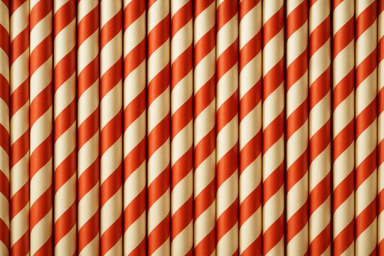 Red and cream striped paper straws arranged vertically in close-up pattern creating a festive and symmetrical background design with soft light.. Ai generative