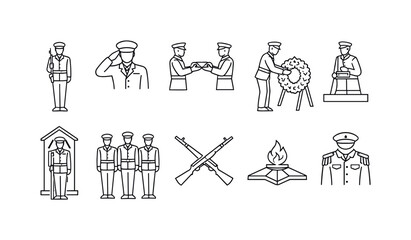 Obraz premium Minimal line icon set showing soldiers saluting, rifle memorial, wreath ceremony, honor guard, officer portrait, and eternal flame tribute elements