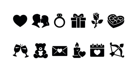 Set of black romance and love icons featuring heart, couple silhouette, engagement ring, gift box, rose, teddy bear, candle, calendar, and cupid arrow