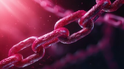 close-up of a vibrant pink chain link, illuminated against a dark background, showcasing texture and depth in a striking visual contrast.
