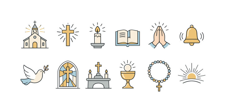 Minimal religious line icons set featuring church, cross, candle, open bible, praying hands, bell, dove, stained glass, altar, chalice, rosary, sunrise
