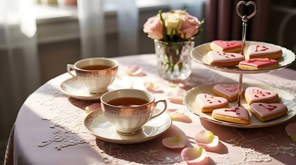 Elegant tea party setup with heart cookies and rose petals - Great for wedding inspiration, bakery marketing, or romantic themes.