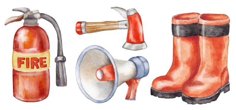 Watercolor elements for fire safety theme with various tools and equipment