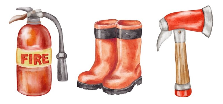 Watercolor design of fire safety equipment with boots, extinguisher, and ax on a white background