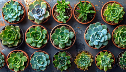 Succulent plant potted collection green top view arrangement garden pattern peaceful potted succulent plant collection, green top view arrangement rustic garden surface, natural texture and detail