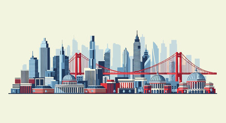 Obraz premium Modern Cityscape Skyline with Iconic Bridge and Buildings.