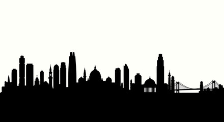 Fototapeta premium Silhouette of a city skyline with various buildings and structures.
