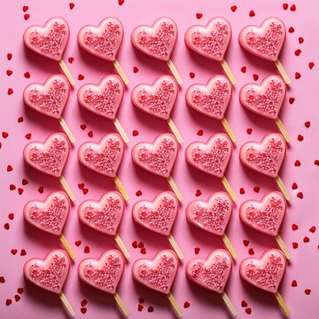 Valentone's day concept. Top view of pattern made of pink heart shaped popsicles with red sprinkles