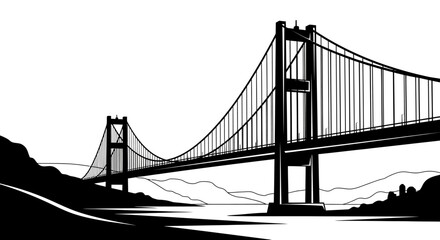 Obraz premium Suspension Bridge Silhouette - A Striking Architectural Icon in Black and White.