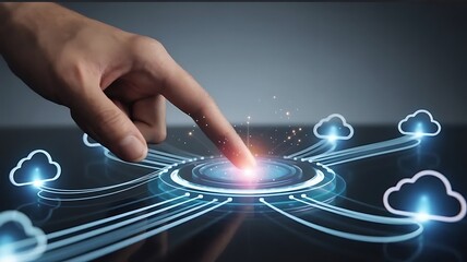 Finger Activating Cloud Network Interface with Glowing Particles and Cloud Icons
