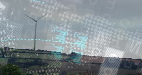 Wind turbine in countryside with digital data processing animation overlay - Powered by Adobe