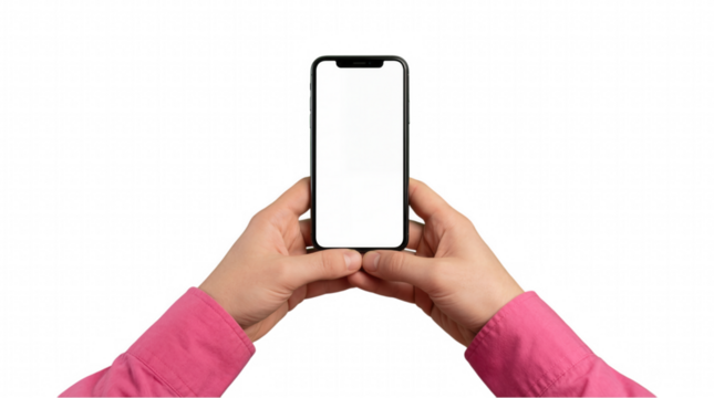 Hands holding modern smartphone with blank white screen, isolated on transparent background - Powered by Adobe