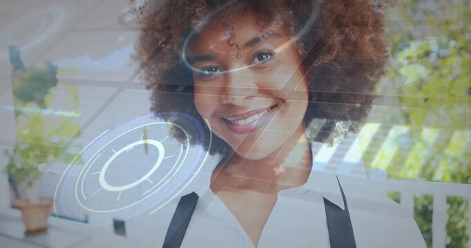 woman using technology on balcony, interacting with circular holographic targets and grid patterns