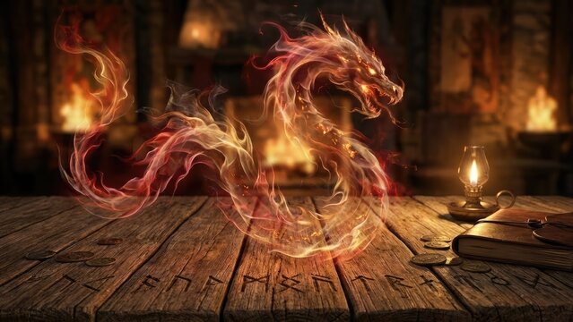 Blank wooden table with fire and smoke concept. A mystical dragon formed from fire, illuminating a rustic setting.
