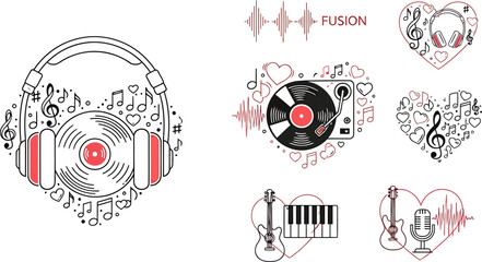 Obraz premium Music and Love Fusion Icons Featuring Vinyl Records, Headphones, and Musical Notes in Heart Shapes