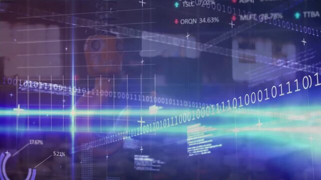 3D-rendered industrial robotic arm projecting grid, streaming blue pulses, floating binary streams