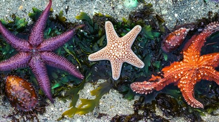 Colorful starfish of different shapes and sizes are resting on wet sand surrounded by green seaweed and marine life during low tide on a beach