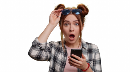 Surprised young woman with space buns holding smartphone and sunglasses, isolated on transparent background