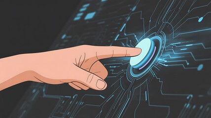 Human Finger Pressing Futuristic Glowing Blue Button on Digital Interface hand pushing
