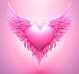 Glowing heart with wings, Valentine fantasy concept, pastel pink tones, clean background