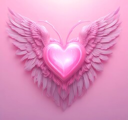 Glowing heart with wings, Valentine fantasy concept, pastel pink tones, clean background