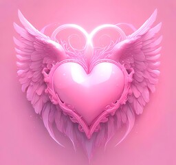Glowing heart with wings, Valentine fantasy concept, pastel pink tones, clean background