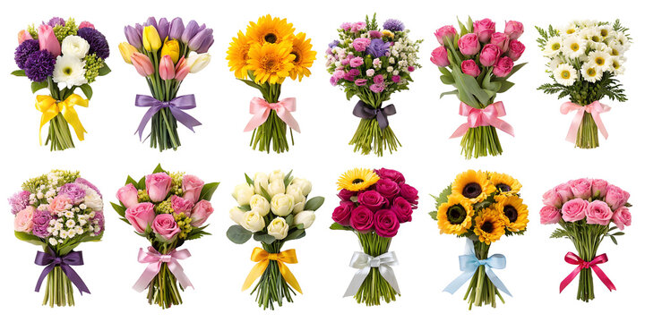 Colorful floral bouquet assortment isolated, featuring decorative gift flower arrangements