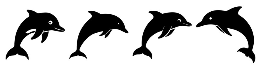 Obraz premium Four dolphins swimming in a line black silhouettes on a white background marine mammals in a synchronized movement