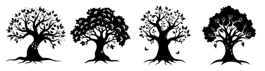 Set of Four Enchanted Trees Silhouette with Leaves and Roots Isolated on White Background