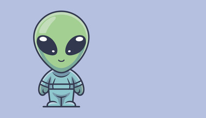 Obraz premium Cute green alien character standing on the left side, flat vector illustration with big eyes and friendly smile, minimal cartoon design on soft pastel background.