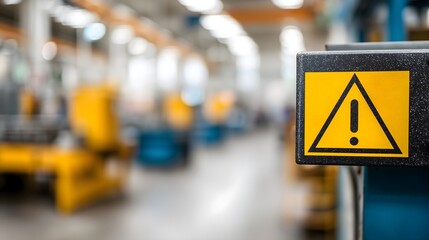 Close-up of a machinery warning label with blurred industrial background