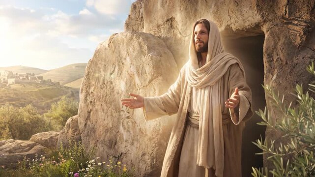 Jesus Christ is risen from tomb, illuminated by radiant golden light, embodying resurrection and new life, for Easter celebration.
