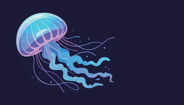 Bioluminescent jellyfish drifting in dark ocean space, glowing neon blue and violet tentacles, flat vector illustration with soft gradients, dreamy marine fantasy mood art style.