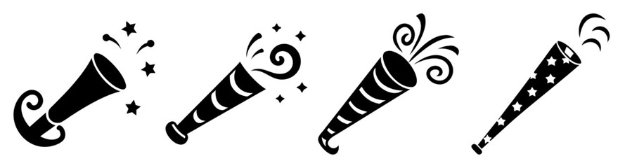 Black and white illustration of four party horns with swirls and stars